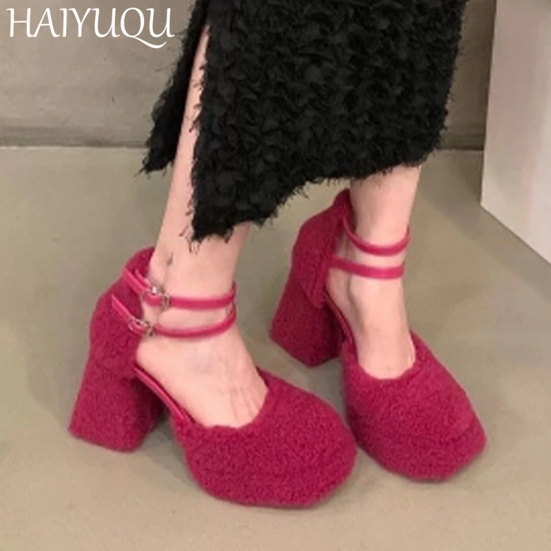 Женские туфли Мэри Джейн на массивном меху пикантные высоком каблуке неглубокие