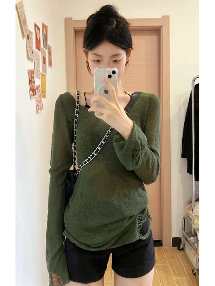 

Deeptown Harajuku Green Sweater Women Vintage Grunge Hollow Out Knitted Jumper Sexy Slim Thin Pullover Tops Kpop Korean Fashion