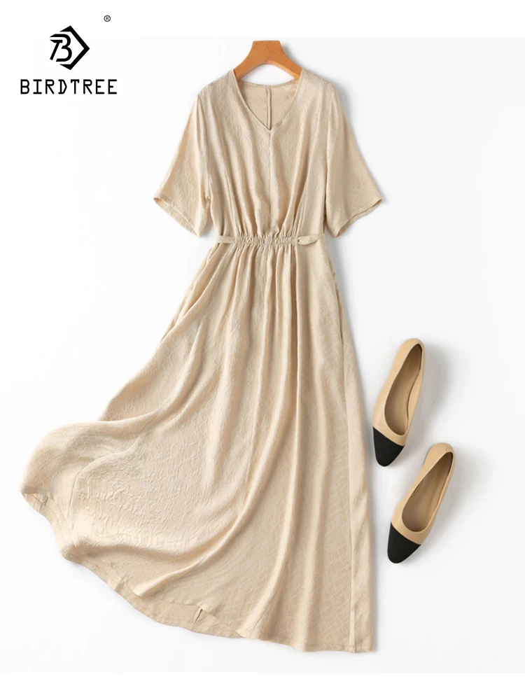 

Женское однотонное элегантное платье Birdtree, 100% шелк тутового шелкопряда, осень 2023, с коротким рукавом, v-образным вырезом, ТРАПЕЦИЕВИДНОЕ, OL, для путешествий, D30717QC
