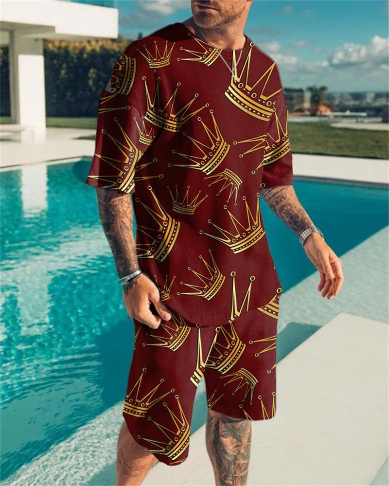 Summer Tracksuit For Men New Luxury Symmetrical Print Short Sleeve T Shirt Shorts 2 Piece Set Oversized Trendy Sportwear Set