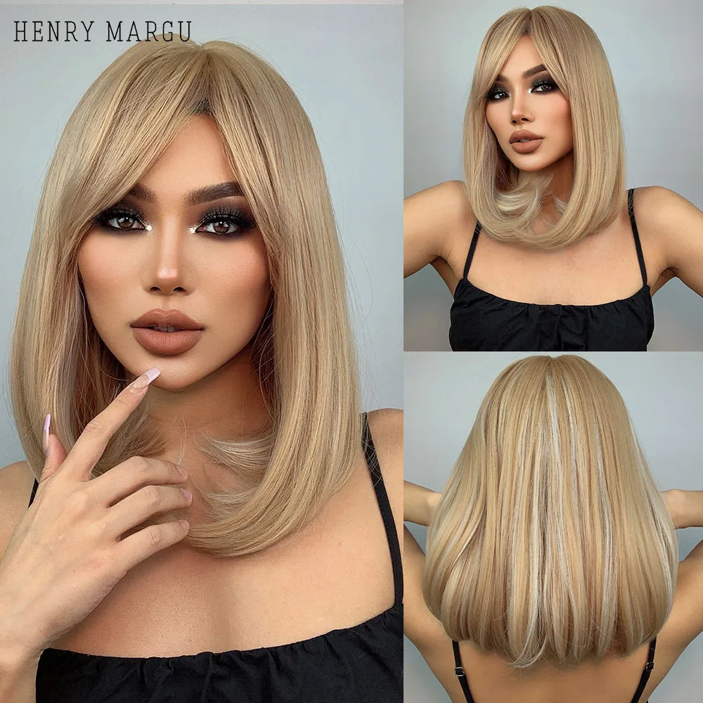 

HENRY MARGU Ombre White Blonde Bob Synthetic Wig with Bang Natural Straight Hair Wig for Women Heat Resistant Cosplay Lolita Wig
