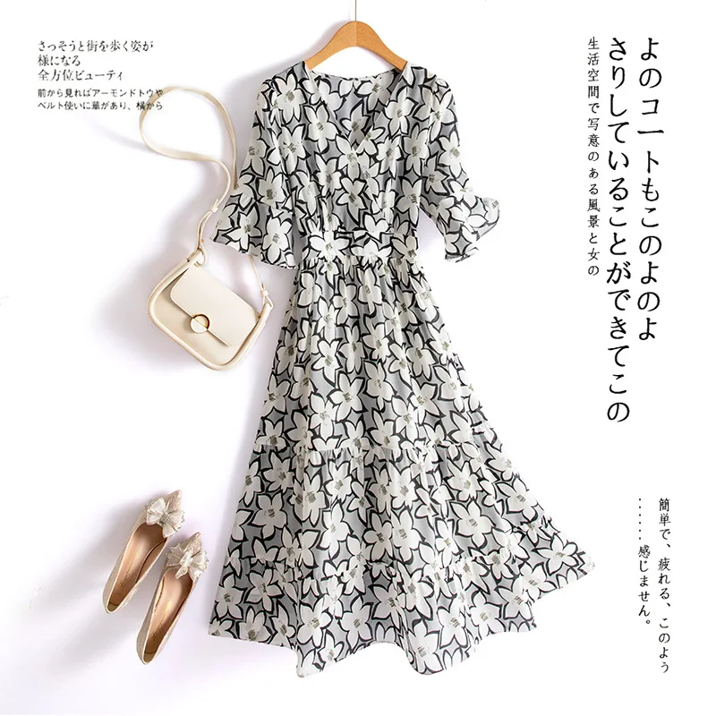 Elegant Silk Dress for Women V-Neck Short Sleeve Bodycon Dress Printing Mulberry Silk Viscose Lining Dresses WF9423