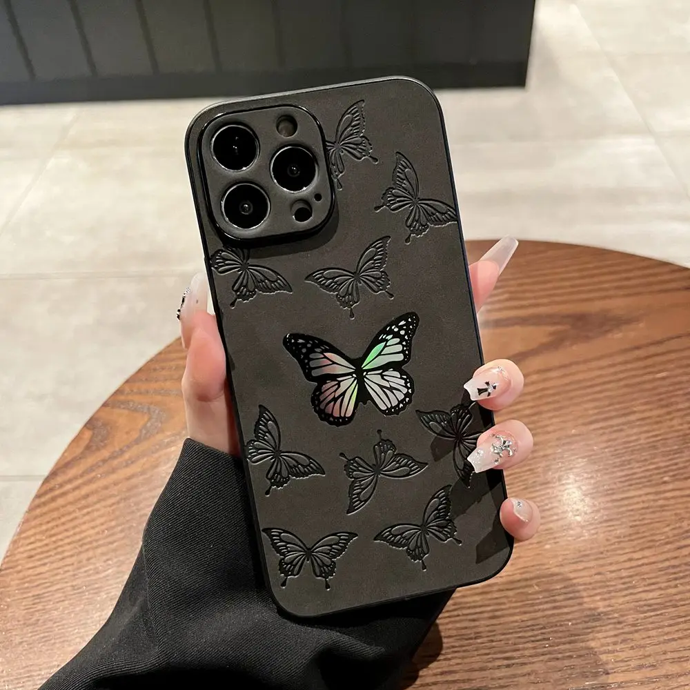 Butterfly Pattern Leather Laser Texture Shockproof Case For iPhone 14 13 12 11 Pro Max XR X XS Plus Lens Protection Soft Cover