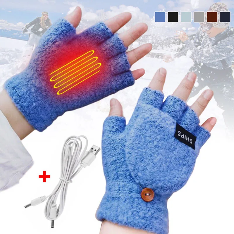 

USB Electric Heated Gloves 2-Side Heating Convertible Fingerless Glove Knitted Mittens Adjustable Heat Waterproof Cycling Skiing