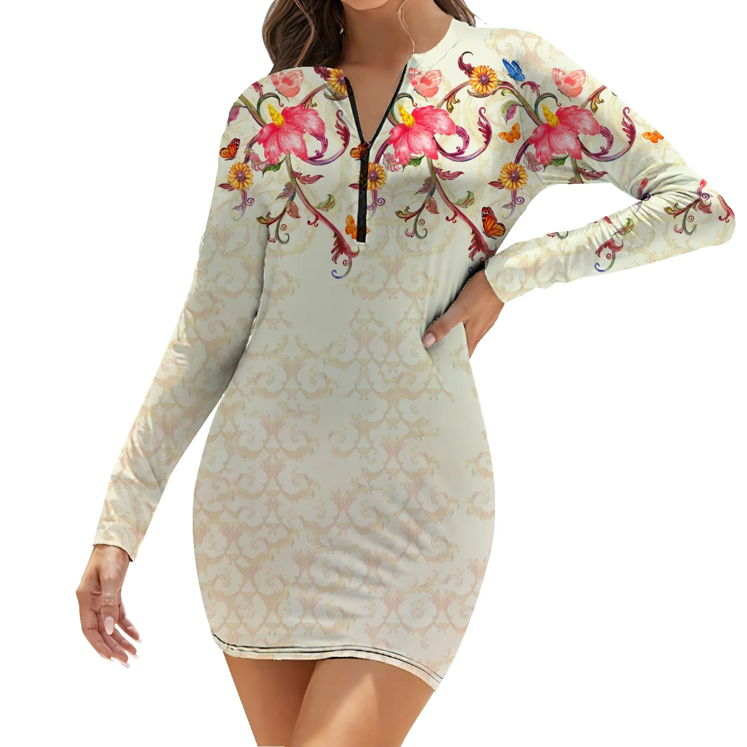 

Женское облегающее платье на молнии, привлекательное облегающее платье с V-образным вырезом, подчеркивающее индивидуальность барокко, унив...