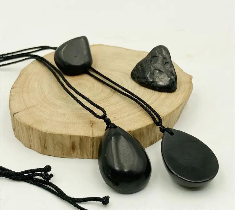 Wholesale 1pcs 100% Natural Russia Shungite Necklace,Pear Drop Healing Gem stone Energy healing gem Stone 35mm Stone images - 6