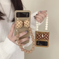 cute bow knot ball bracelet phone case for samsung galaxy z flip 3 zflip3 lovely bead hand rope strap hard folding cover