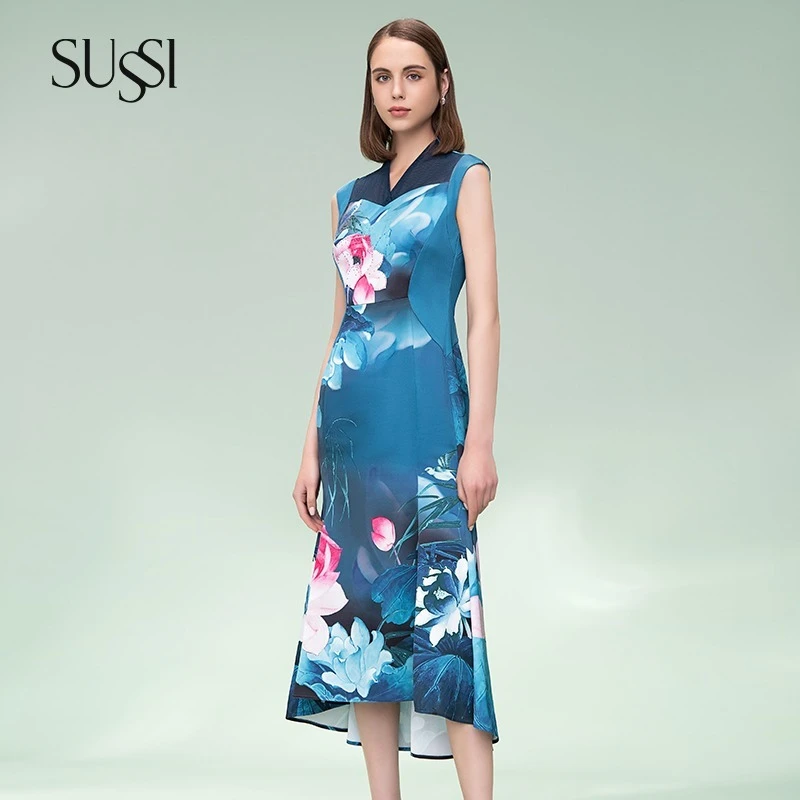

Store Same Very Beautiful Fashion Blue Print V-neck Sleeveless Summer Dress