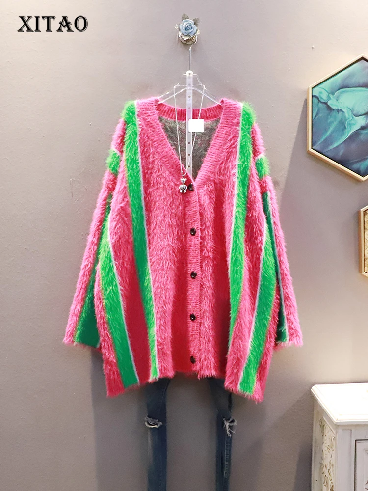 XITAO Knitted Sweater Full Sleeve Goddess Fan Single Breast Striped 2022 Autumn Minority Loose Elegant Vintage Sweater ZY8135