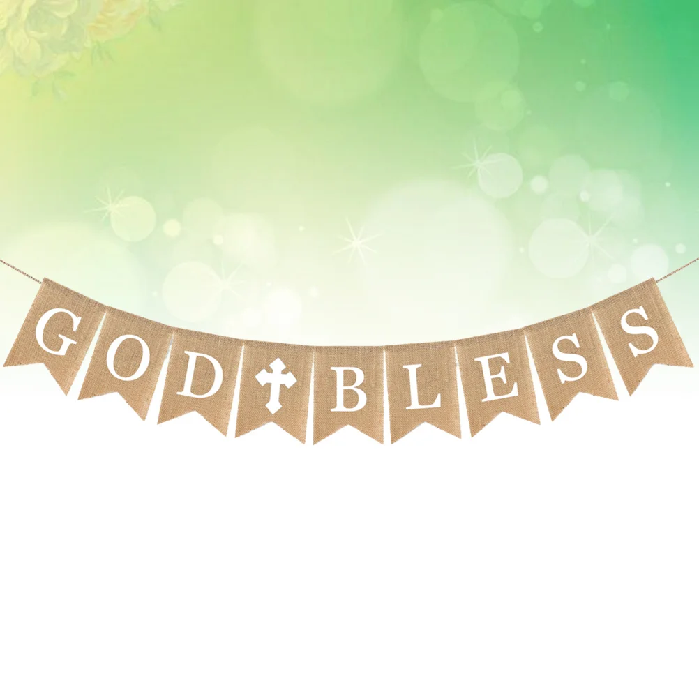 

Burlap Banner God Bless Baptism Banner Rustic Bunting Garland Christening Communion Party Supplies with White Cross (White)