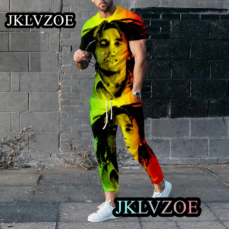 Bob Marley Trousers Tracksuits Men Printing TShirt Casual Shirt Suit Vintage Outfit New Fashion Clothing Street Style Plus Size