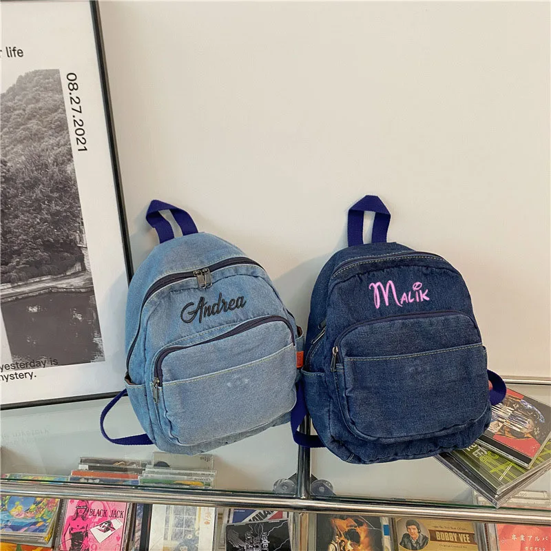 Personalised Embroidery Denim Backpack,Jean Backpack for Women Daypack Jeans Student Rucksack Travel School Bookbag Shoulder Bag