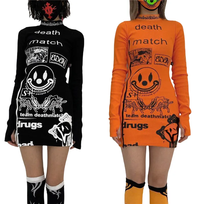 

Women Halloween Dress Letter Cartoon Patterns Crew Neck Long Sleeve Short Dresses Spring Autumn Bodycon Gothic Clothing