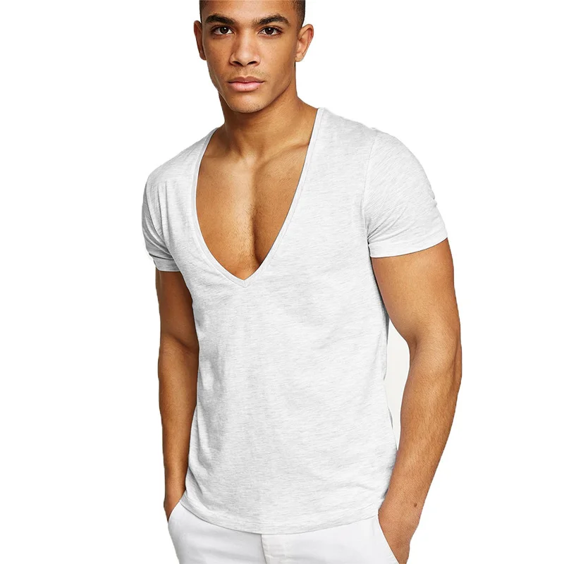 

Men's Fitness Sports Leisure Summer Cotton Short Sleeve Solid Color European Size Deep V-neck T-shirt