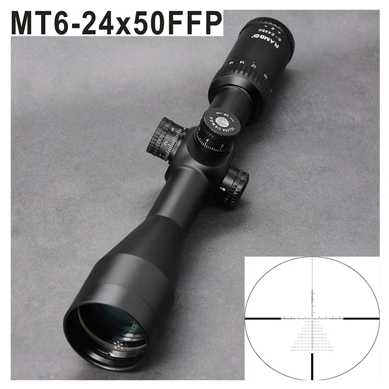 

Tactical Turret MT 6-24X50 FFP First Focal Plane Rifle Scope 30mm Ring 1/8 MOA For Hunting Shooting