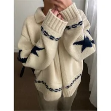 Deeptown Autumn Vintage Star Sweater Women Beige Casual Loose Korean Fashion Zipper Cardigan Warm Y2k Streetwear Aesthetic Coat