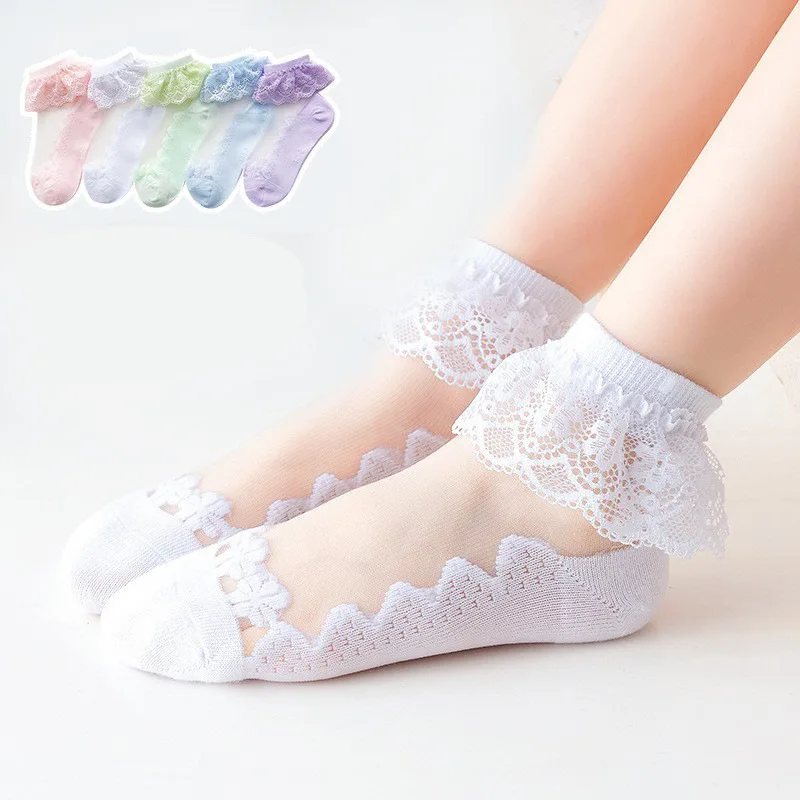 

5 Pairs/Lot Girls Socks Summer Breathable Children Short Ankle Socks For 1-12 Years Kids Soft Cotton Lace Princess Mesh Socks