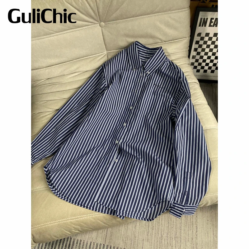 12.10 GuliChic Women Fashion Single Breasted Letter Embroidery Striped Turn Down Collar Loose 100% Cotton Shirt