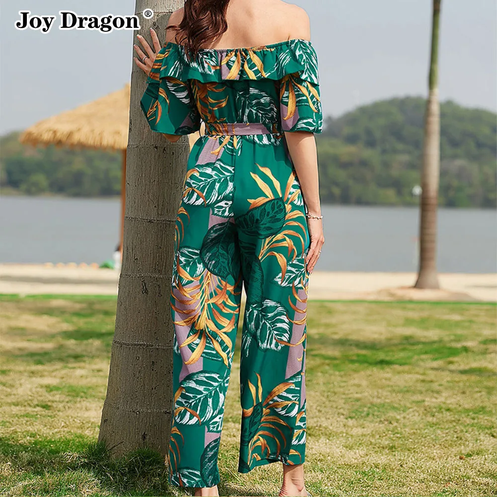 

Summer Women Jumpsuit Off Hsoulder Sleeveless Ruffled Elegant Slim Fit Clothing Wide Leg Printed Basic