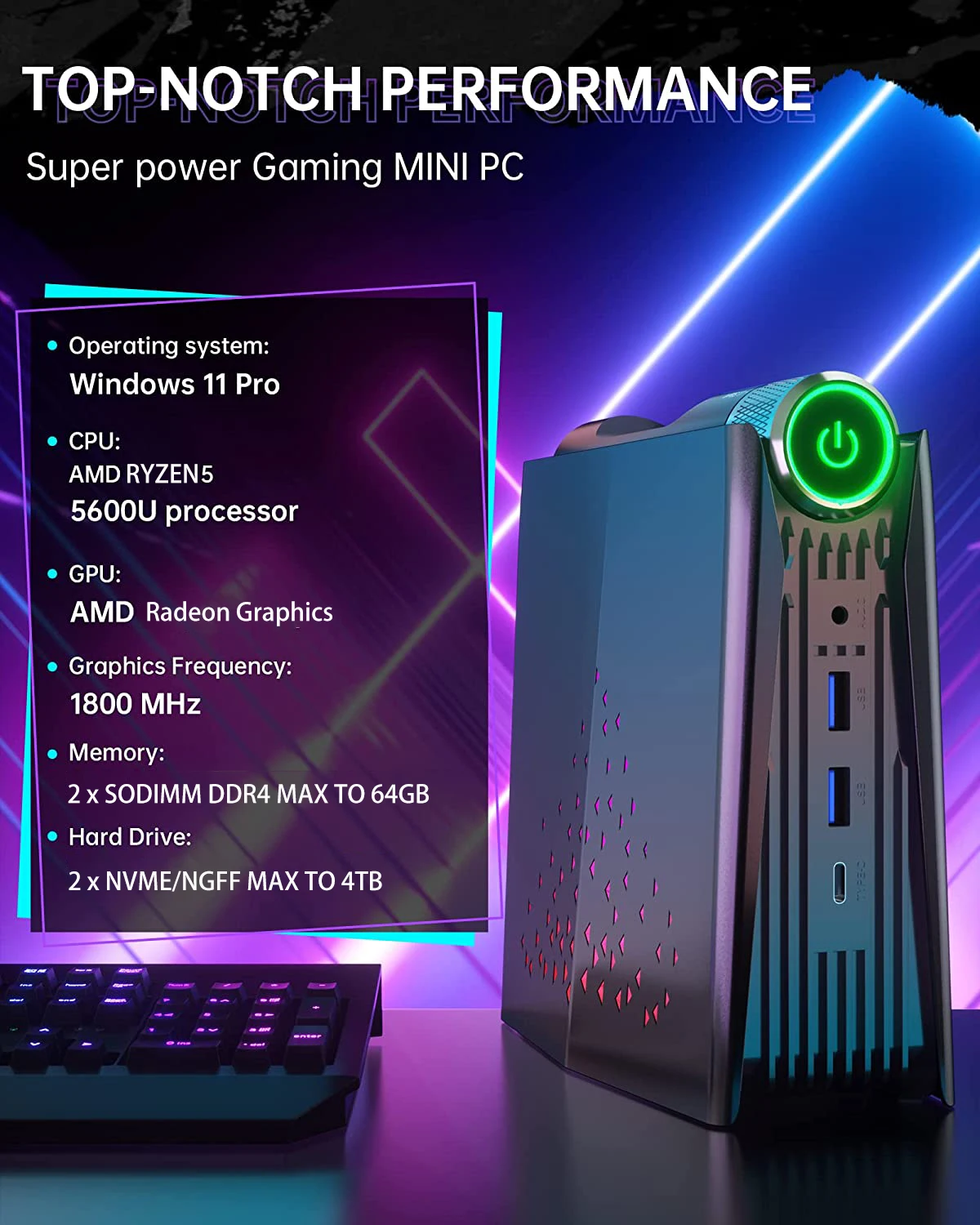 Мини-ПК Chatreey AMR5 AMD Ryzen 5 5600U RGB игровой настольный компьютер с подсветкой WiFi 6 BT 0