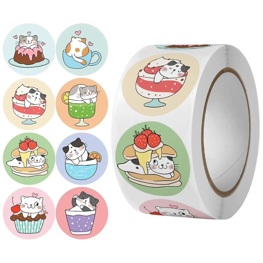 

100-500pcs Cartoon Cat Stickers Round Adhesive Labels For Kids Children Teacher Prize Business Gift Wraps Decorative Stickers