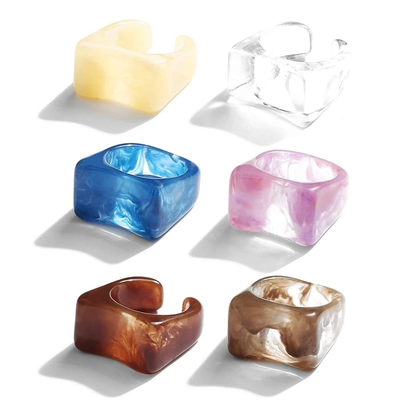 

6 шт. Акриловые Кольца из смолы для женщин-подростков, разноцветные, винтажные штабелируемые кольца, милые Квадратные прозрачные кольца