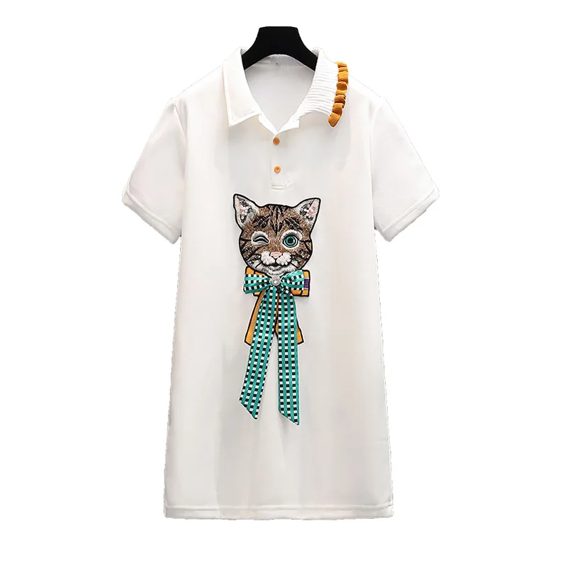 

Summer Women Elegant Mini T Shirt Dress Cotton Short Sleeve Casual Fashion Embroidery Bow Loose Plus Size Straight White Vestido