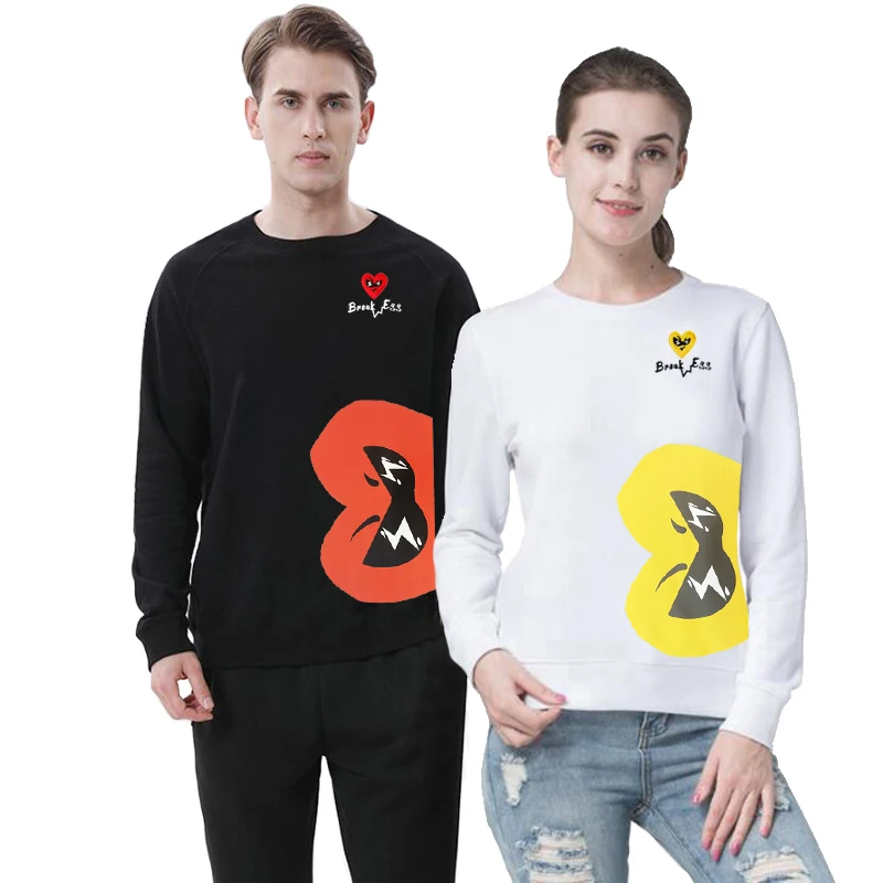 

Мужской и женский свитер Break Egg, хлопковая Толстая флисовая толстовка с круглым вырезом и длинными рукавами, с вышивкой на талии и принтом в виде половины сердца