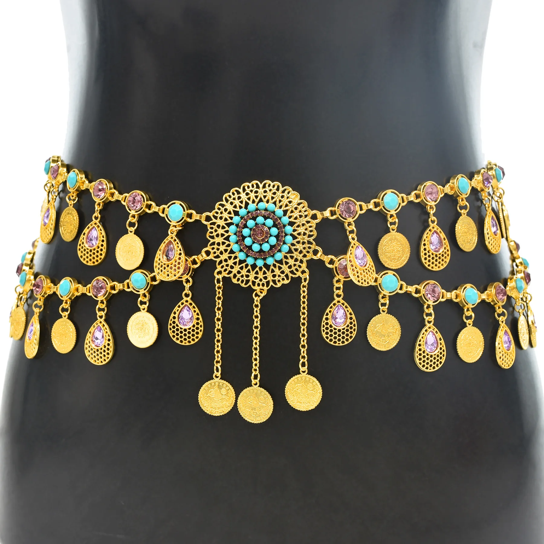 

Turkey Metal Hollow Flower Coin Tassel Belly Chains for Women Female Crystal Dance Waist Chain Party Indian Body Jewelry Gift