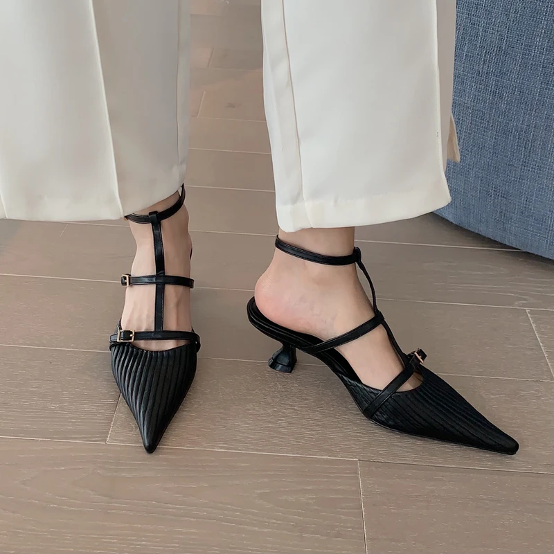 2022 Summer Stiletto High Heels Platform Word Buckle Sandals Pointed Toe Toe Hollow Design Fairy Style Thin Strap High Heels