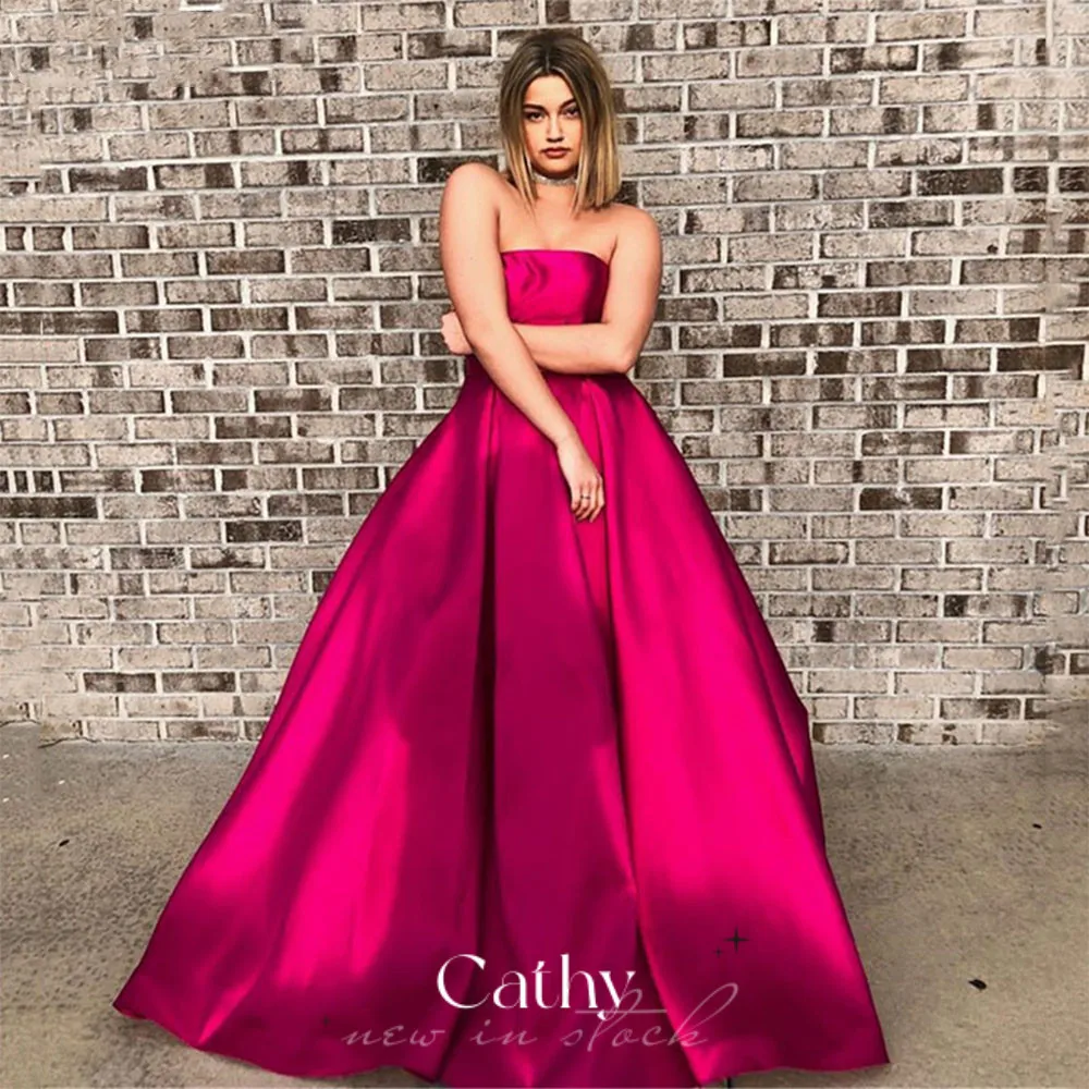 

Cathy Sexy Strapless A-line Evening Dress Rose Good Quality Silk Satin Prom Dress Vestidos De Fiesta Lace Up Back فساتين حفلات