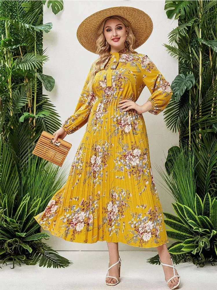 Long skirt pullover elastic waist chiffon printing fashion pleated dress plus size female plus size women clothing