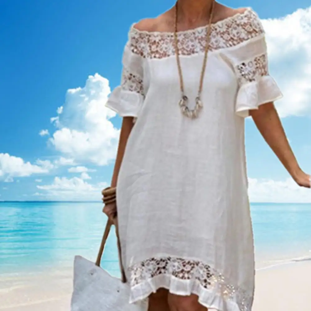 

Comfortable Stylish See-through Off Shoulder Women Dress Flare Sleeve Lady Dress Solid Color Female Clothes