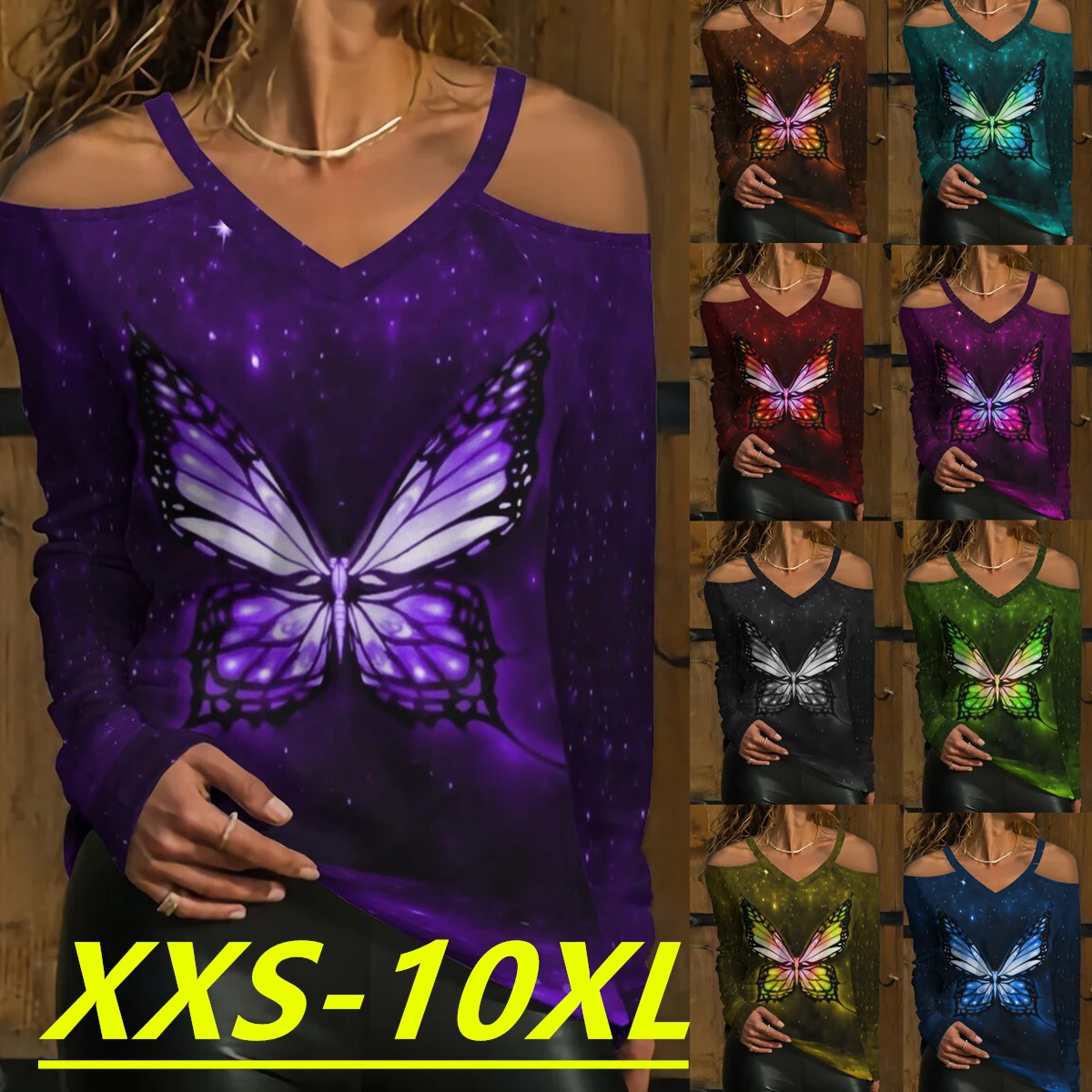 

Осень/Зима 2022, модная женская футболка с принтом бабочки, открытыми плечами, длинным рукавом и V-образным вырезом, в повседневном стиле