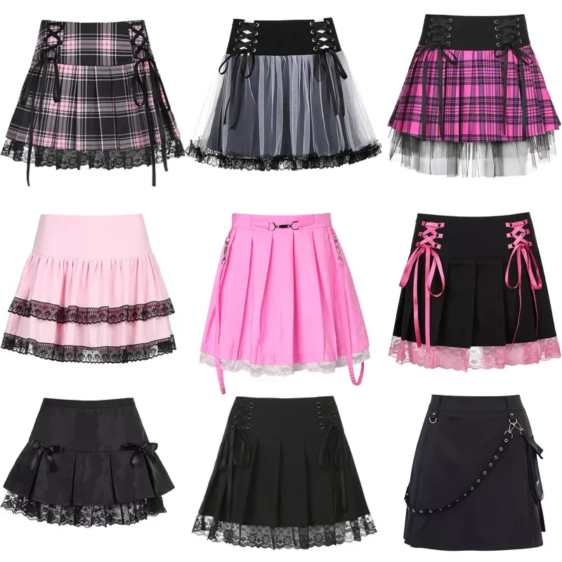 New in Gothic Lace Mini Pleated Skirt Women Punk Y2K Aesthetic High Waist A-Line Short Skirt 90s Vintage Harajuku Streetwear jac