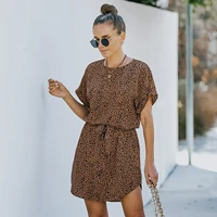 summer mini dress for women o neck leopard printed short sleeve chiffon sundress female party clothes clubwear