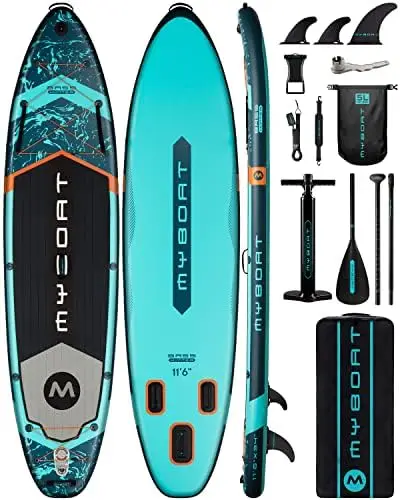 

Extra Wide Inflatable Paddle Board, Stand Up Paddle Board for Fishing, Sup Board with 3 Removable Fins, Dual Bungees, Camera Mou