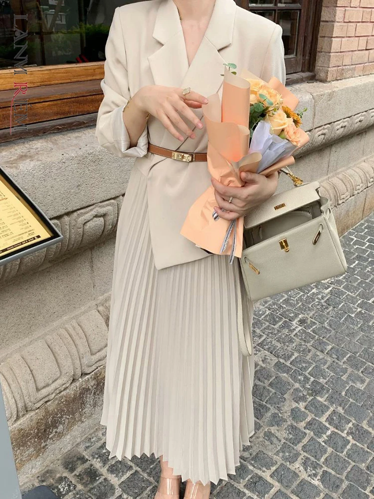 

LANMREM Fashion Patchwork Dress Women Notched Collar Belt Pleated A-line Dresses Office Lady 2023 Autumn New Clothing 2AA1917