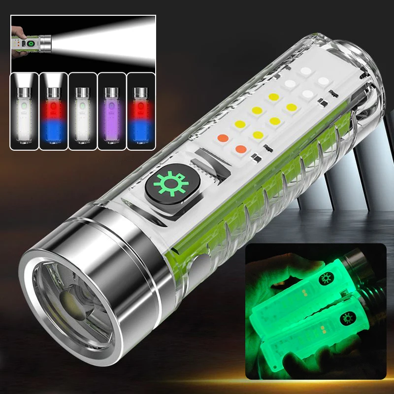 

Fluorescence LED Flashlight 8 Modes USB Rechargeable MINI Multifunction waterproof Pocket Torch lamp with Multicolor Side Lights