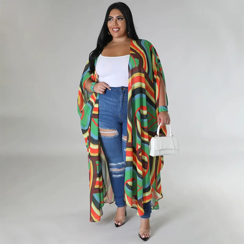 Plus Size Women Clothing Large Women's Coat Chiffon Printed Fashion Casual Shawl Cardigan Clothing Long Outwears Female Clothes