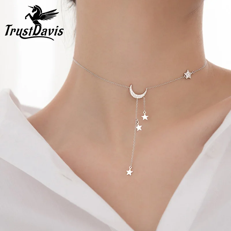

Trustdavis Real 925 Sterling Silver Sweet INS Star Moon Tassel Pendant Clavicle Choker Necklace For Women S925 Jewelry DA1743