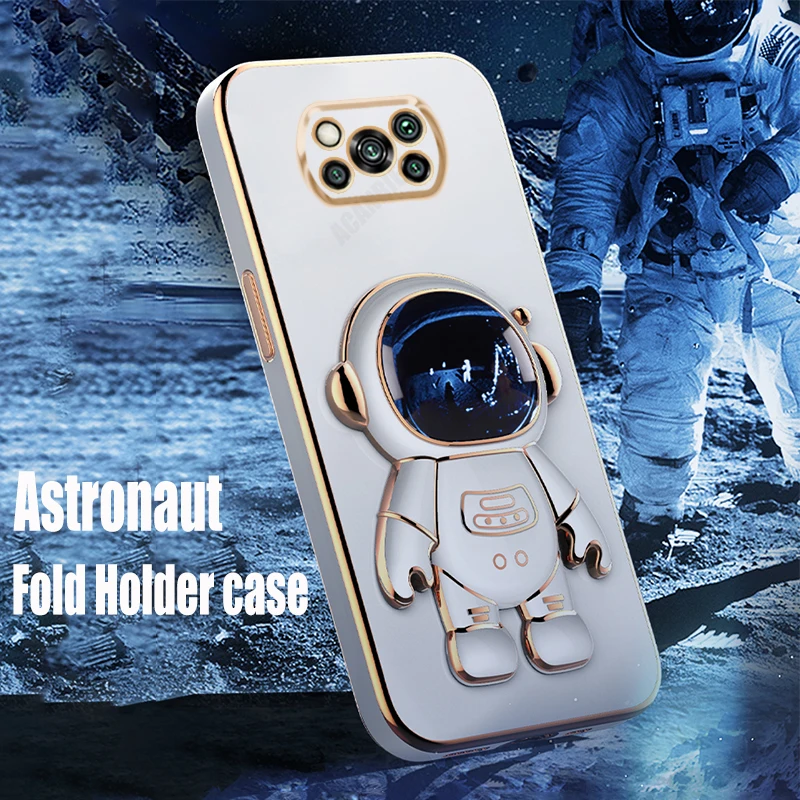 

Pocox3 Astronaut Stand Holder Case On For Xiaomi Mi Poco X3 Nfc X3pro X4pro X4 M4 Pro 4g 5g F3 Plating Silicone Cover Poko X3nfc