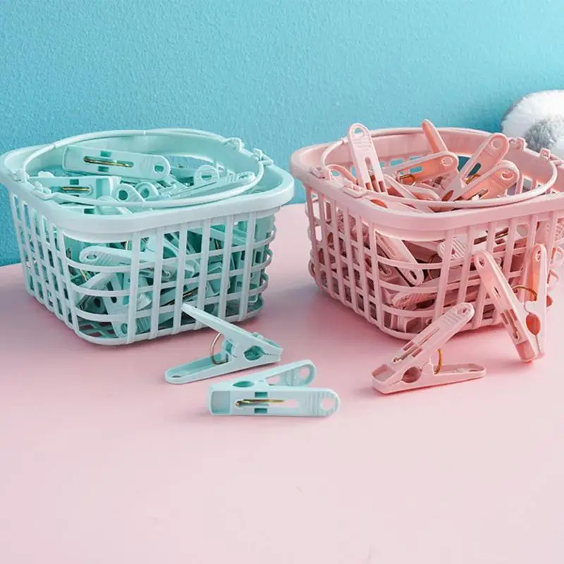 

30 Pcs Clothes Pegs Pins With A Basket Durable Windproof Non-slip Laundry Bread Clip Cloth Holder Pins With Storage Basket