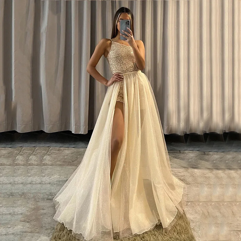 

Exquisite Evening Dress One Shoulder Sleeveless Prom Dress Tulle Side Split A-Line Floor Length Vestidos De Ocasión Formales