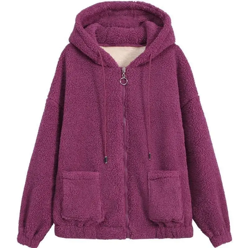 Solid Cardigan Sweater Women's Purple Loose Jacket Thick Autumn  Winter Loose Korean Teddy Velvet Hooded Simple Coat Women