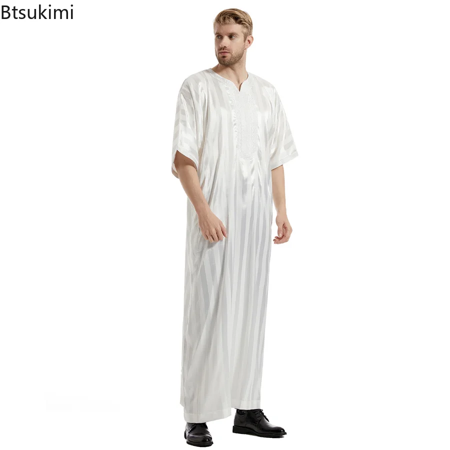 Ramadan Muslim Men Jubba Thobe Solid Color Kimono Middle Sleeve Robe Saudi Musulman Stand Collar Islamic Arabic Kaftan Men Abaya