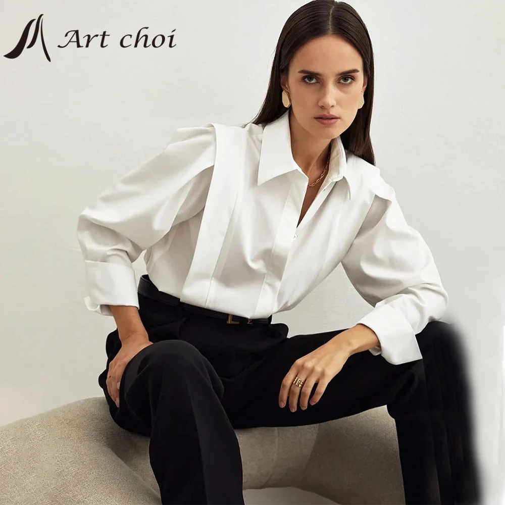 

2022 Office Design Shirt Spring Summer Women Cotton Loose Tops Elagant Blouse Long Sleeve White Black Female Lapel Ladies Shirts