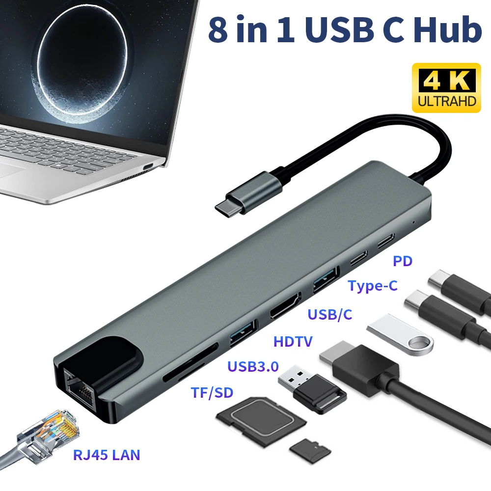 

Док-станция 8 в 1, USB Type-C, HDMI, SD/TF