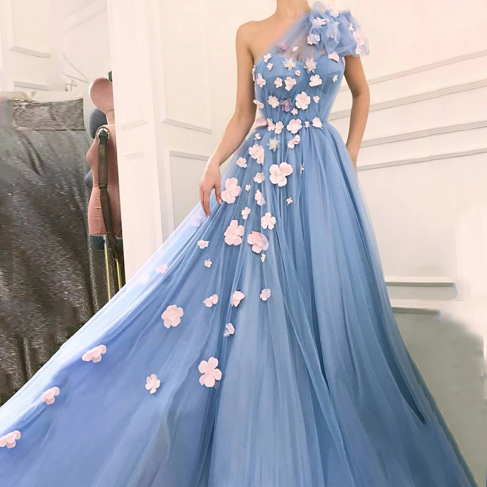 

Princess Evening Dress with 3D Flowers Sexy One Shoulder Sleeveless Soft Tulle A Line Celebrity Party Gown Prom Dresses