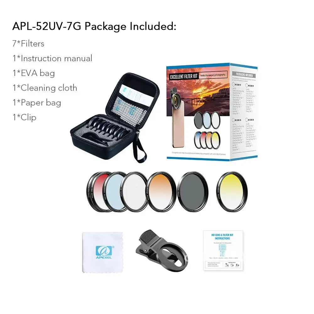APEXEL 52 мм 7в1 Комплект постепенных фильтров CPL Star Gradient Красный Желтый Синий Фильтры
